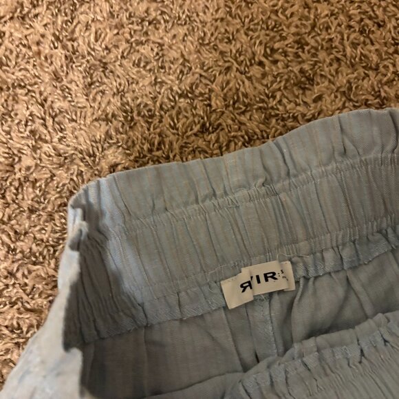 RIVIR Shorts Small Blue Tan Stripes Paper Bag Waist Linen Cotton Blend Elastic - Picture 2 of 3